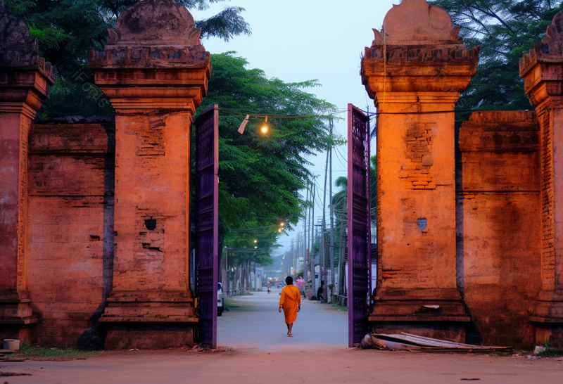 夜晚泰国古城墙铁门人物背影图,高清,摄影图,摄影图片,图片大全,摄影图免费下载